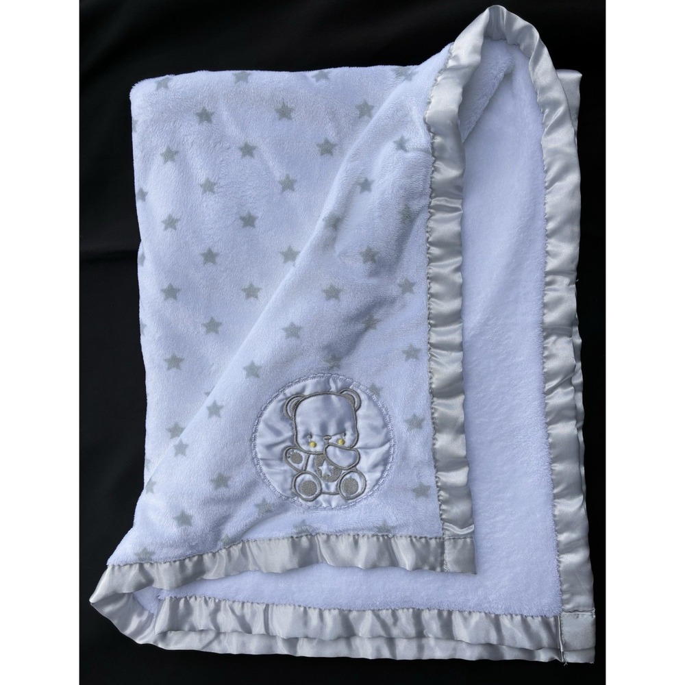 Nuby Baby Blanket Soft Minky Lovey Bear Moon Gray Star White Satin Unisex 30x36